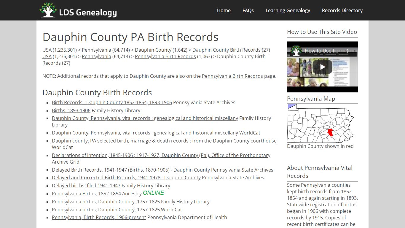 Dauphin County PA Birth Records - ldsgenealogy.com